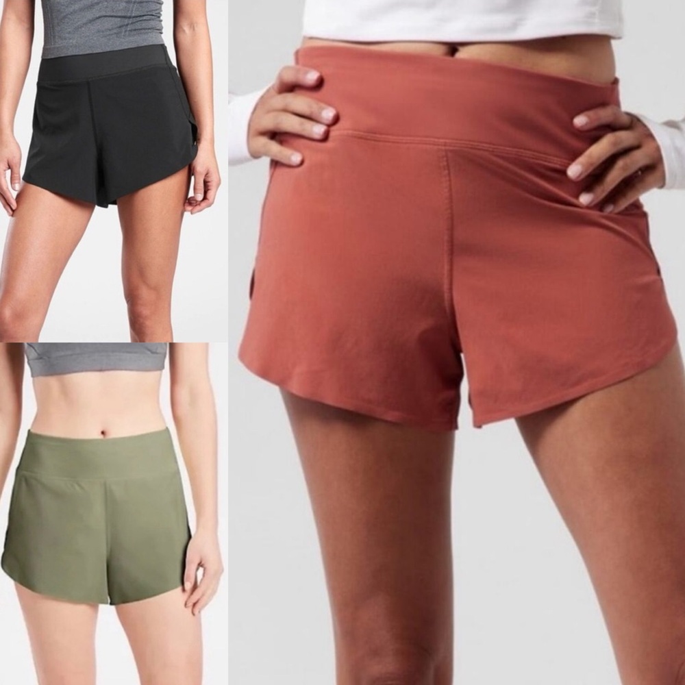 3 Athleta Run With It 3.5” Athletic Shorts: Black, Eucalyptus Olive & Muted Red